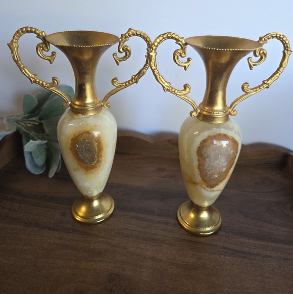 Pair of Vintage Italian Marble Onyx & Brass Amphora-shaped Vases/Candle Holders